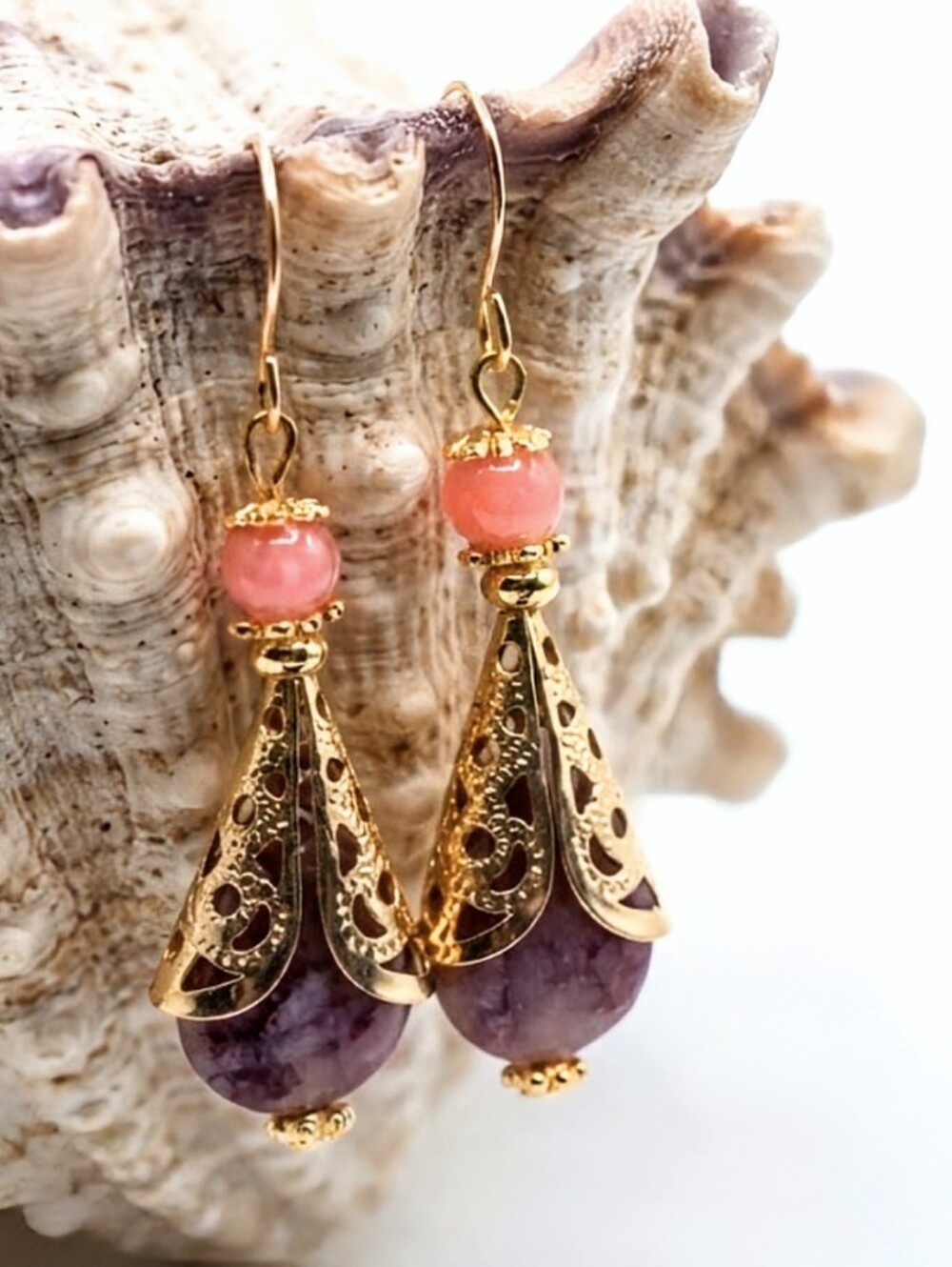 Genuine Pink With Cherry Shades JADE In Ornate Filigree Gold Plated Earrings